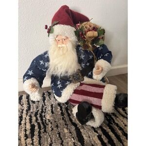 Vintage Patriotic Americana Santa Claus Figurine 18" Red White Blue Christmas